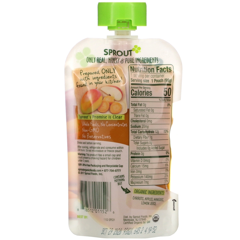 Sprout Organic, Baby Food, 6 Months & Up, Carrot Apple Mango, 3.5 oz (99 g)